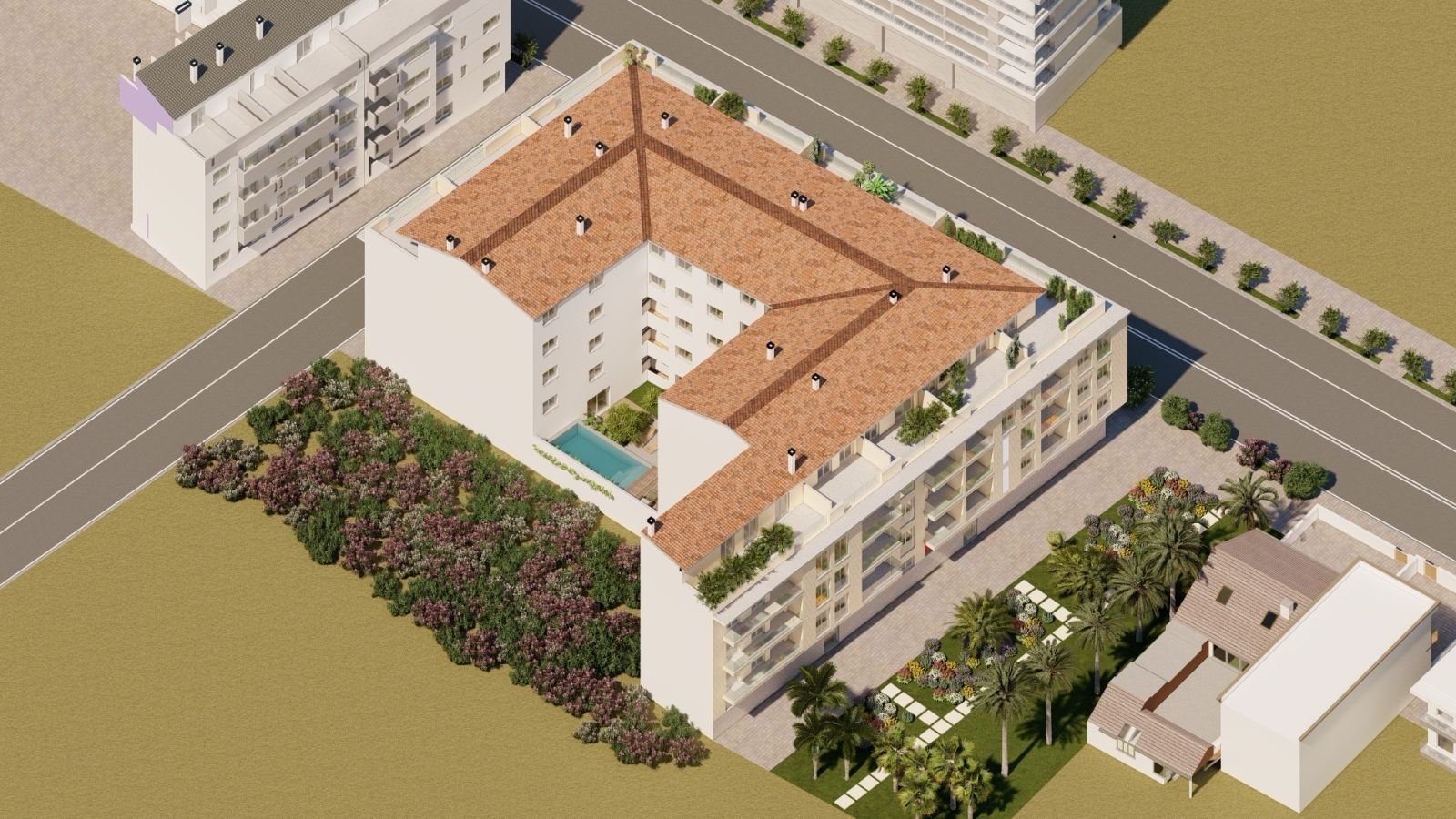 Vista aérea del Edificio Málaga y su patio con piscina