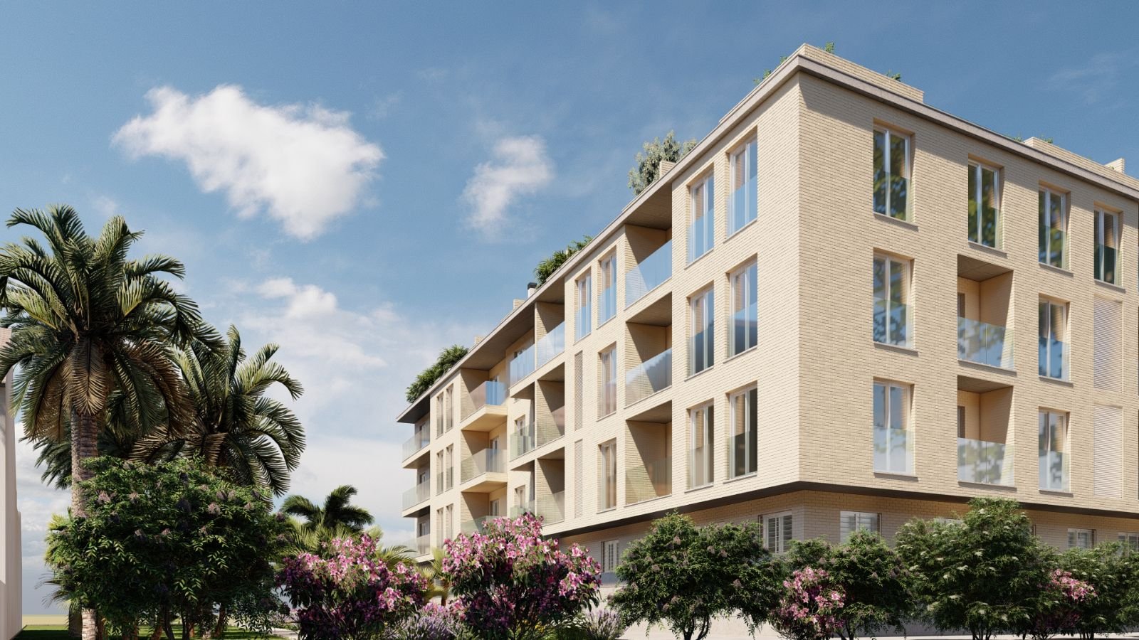 Entorno del edificio · jardín y palmeras