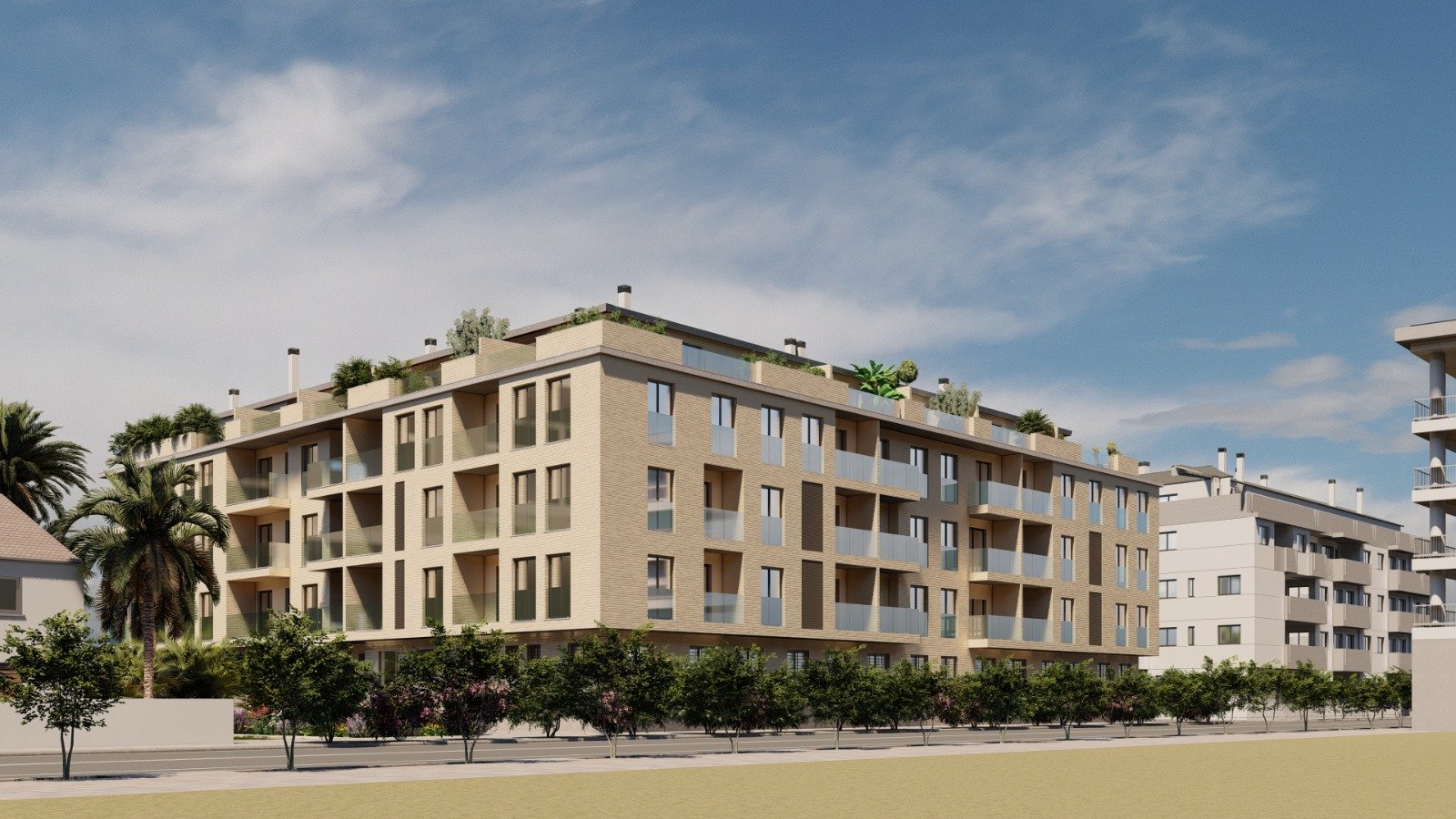 Render del Edificio Málaga — esquina principal